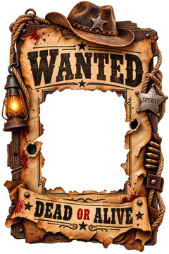 Vintage Western Wanted Poster with Rope, Sheriff Badge and Aged Parchment Frame