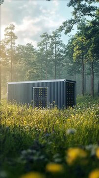 Sunlight filters through tall forest trees. Modern structure stands in a field of wildflowers. Green grass and yellow blooms surround the scene. Distant trees frame the background softly