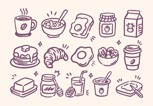 Hand drawn food doodle set featuring breakfast, bakery, beverages, and desserts in a cute vintage line art style