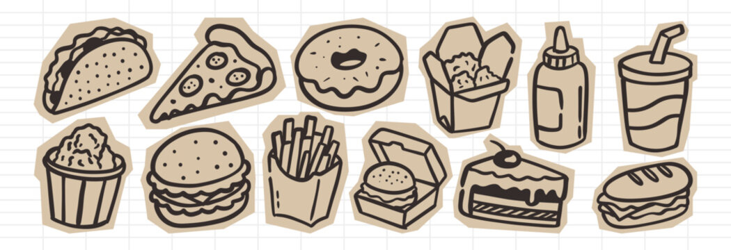 Hand drawn food scrapbook sticker set featuring cute retro illustrations with bold outlines and vintage doodle elements in a playful nostalgic style