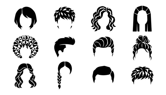 Geometric Hairstyle Icons Set with Braids, Curls, and Updos. Black Vector Design for Fashi