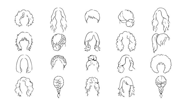 Hand-Drawn Hair Contour Icons Set with Various Hairstyles. Sketch Design for Fashion and B