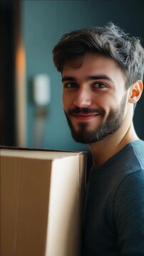 A man wearing a blue shirt holding boxes. He has a beard.