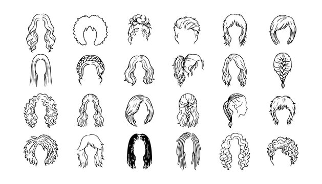Hair Strands and Hairstyles Contour Set in Black and White Hand-Drawn Style. Vector Illust
