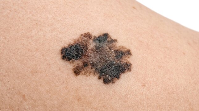 Macro photograph of suspicious malignant melanoma nevus with irregular borders on skin