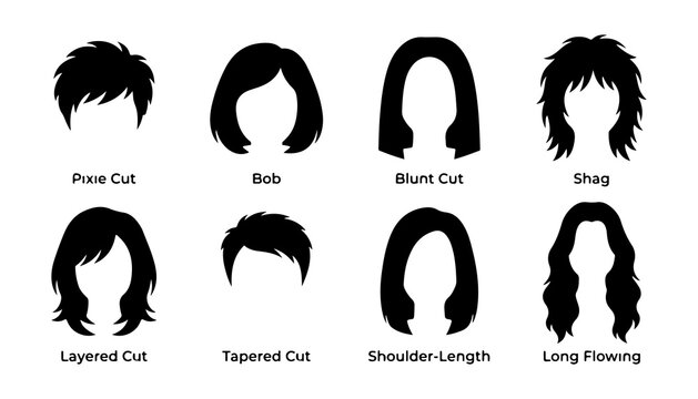 Women's Hairstyle Silhouettes Set, Various Short to Long Haircut Types Vector Illustration