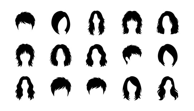 Hair Silhouette Icons Set with Various Styles and Lengths. Black Vector Design and Illustr