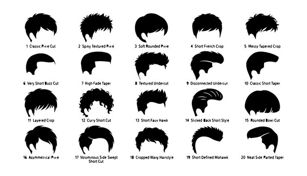 Short Haircut Silhouettes Grid with Labels. Haircut Styles, Fashion, Design and Illustrati