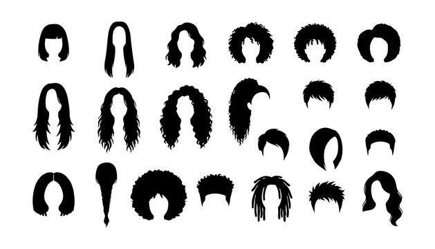 Hair Silhouettes Set with Various Styles and Textures. Black and White Vector Design and I