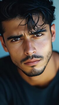 A young man with dark skin and curly hair looking directly at the camera
