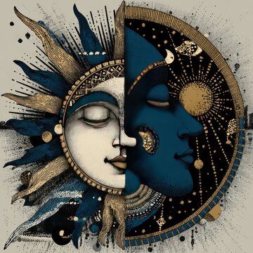 Artistic depiction of a celestial split, half sun, half moon, with ornate details, and starry background