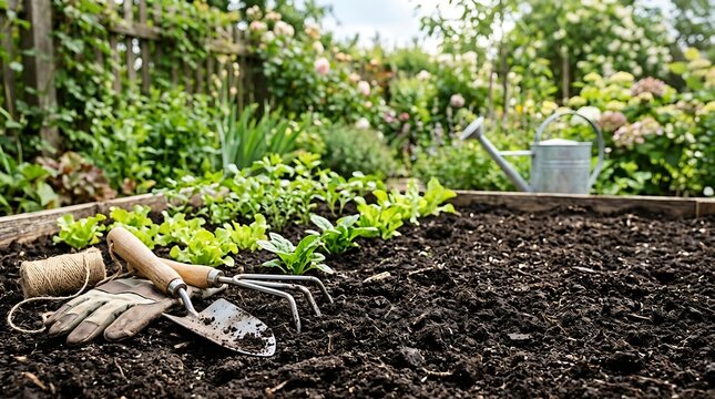 Vegetable garden raised bed with young salad plants and small gardening tools resting on the soil surface