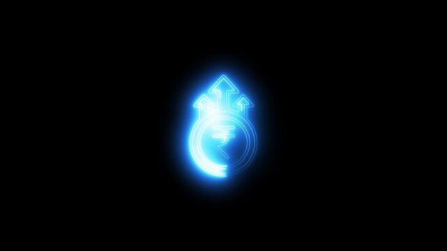 Neon indian rupee symbol with rising growth arrows animation