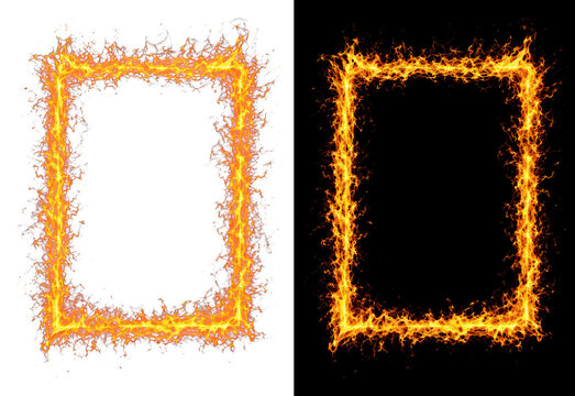 Fiery rectangular frame with dancing flames during nighttime isolated on transparent background