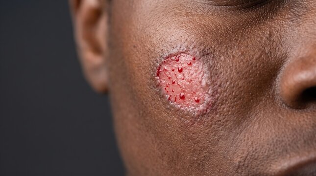 Extreme macro of fresh bleeding skin abrasion on Black male cheek