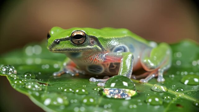 Macro shot of a bright green tree frog resting on a wet leaf covered in raindrops, showing intricate details and vibrant colors