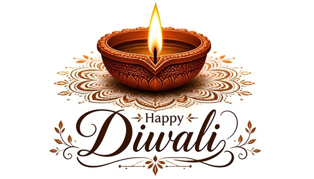 Happy Diwali Greeting With Traditional Clay Diya Lamp, Rangoli Pattern And Warm Flame
