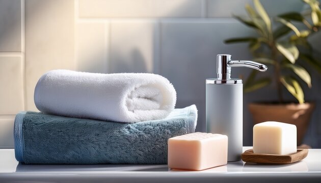a bar of soap and towels on a bathroom sink