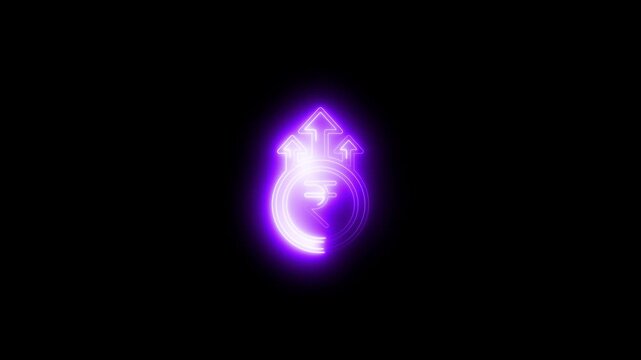 Neon indian rupee coin with rising arrows financial growth animation