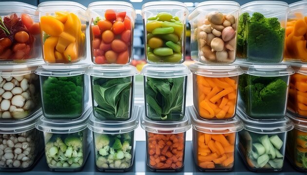 processed food containers with mixed vegetables move along a production line