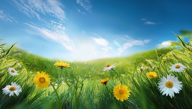 a images of flowers in a field with green grass and blue sky