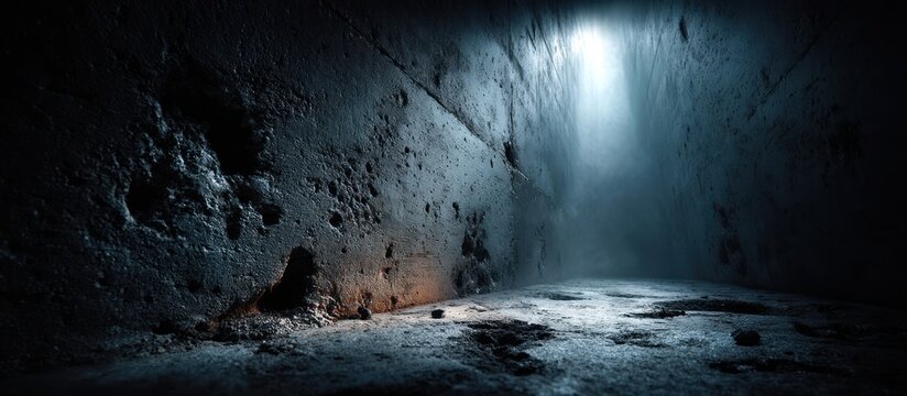 A dimly lit, textured chamber with a beam of light illuminating the space from above