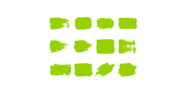 Set of twelve lime green rectangular paint brush stroke banners for textured web headers or highlighted design text containers.