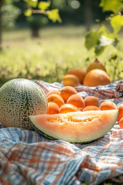 Cantaloupe melon slice on picnic blanket in park, vertical