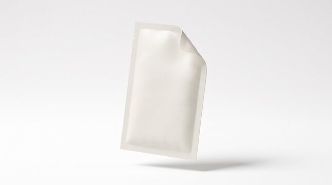 Floating blank sachet pouch mockup isolated on white background