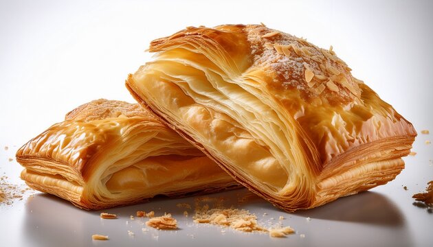 a golden flaky pastry broken in half revealing layers and crumbs