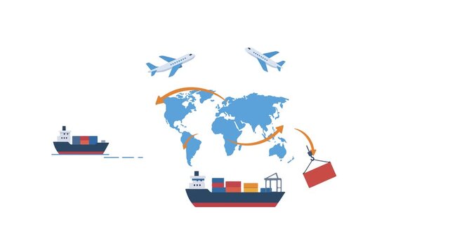 Animated 2D vector graphic showcasing global logistics, international trade, and supply chain management. Features cargo ships, airplanes flying across world map continents with transfer arrows.