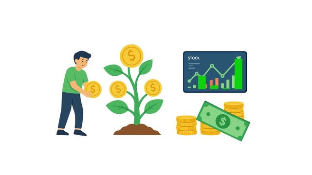 A young man places gold dollar coins into a growing coin plant, surrounded by financial stock charts, stacks of coins, and cash banknotes.