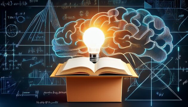 open book in box glowing brain lightbulb above chalkboard of equations