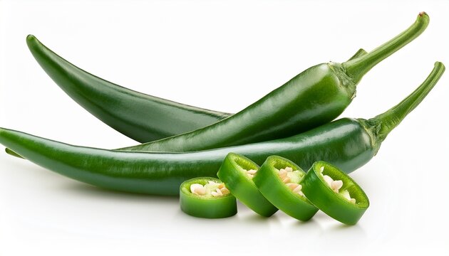 fresh green chili peppers and slices isolated on white background a spicy ingredient