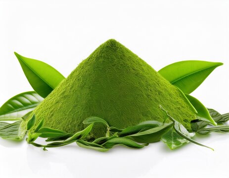 fresh green tea leaves isolated on white background vibrant and detailed