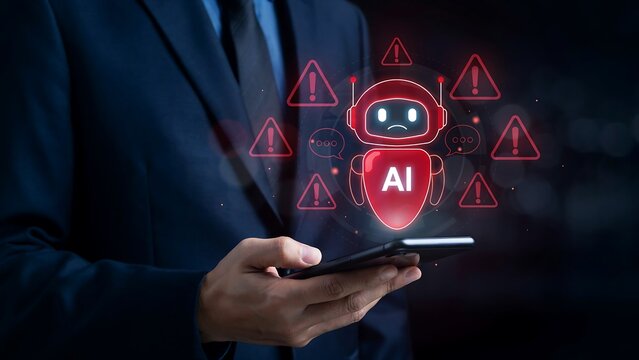 A businessman holding a smartphone with a sad robot icon and warning signs, symbolizing AI issues or errors