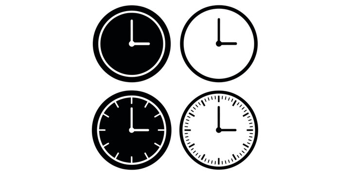 Four circular clock face icons with hour hands indicating different times on a transparent grid background.