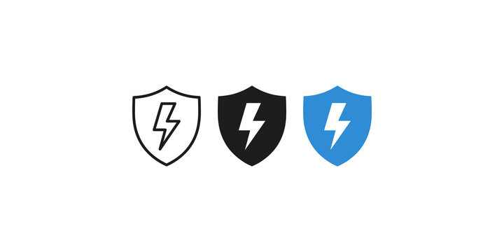 Set of three shield icons with lightning bolt symbol in black outline, solid black, and blue variations.