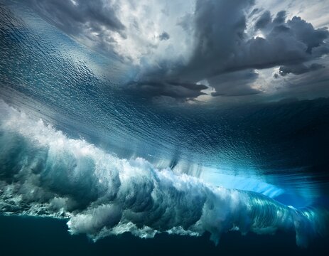 underwater view of stormy clouds and waves