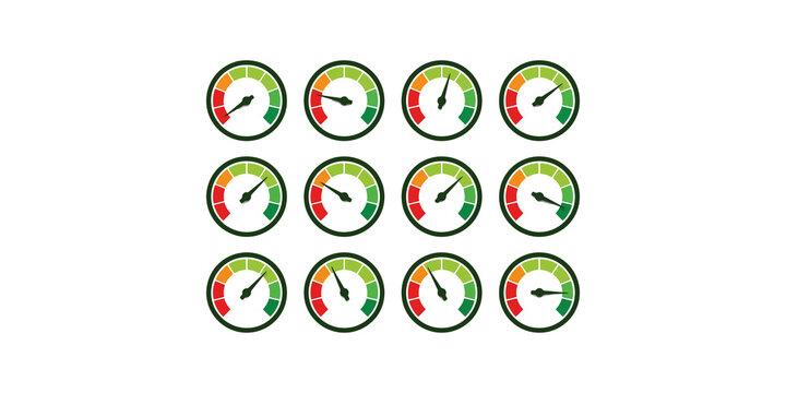 Colorful speedometer and gauge indicators vector icons set with green yellow red zones on transparent background.