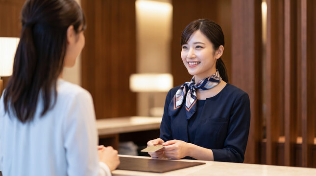 ホテルのフロントで笑顔でクレジットカードを受け取る女性スタッフと接客を受ける顧客