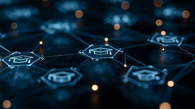 Glowing graduation caps integrated into a digital network structure rendered with blue neon lines and golden bokeh light points everywhere