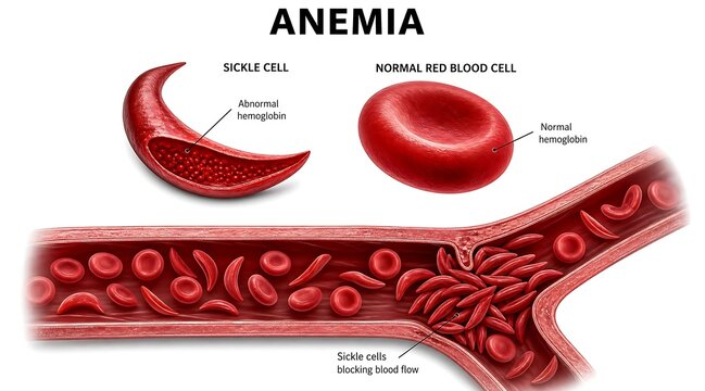 Medical illustration of blood cells showing normal red blood cells