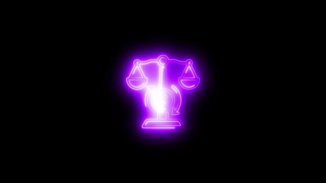 Neon justice scale with rotating currency symbol animation