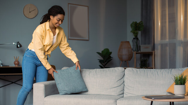 Joyful Black Woman Smiling While Arranging Soft Decorative Pillows On Cozy Sofa In Bright Living Room, Showcasing A Contemporary Home Interior Design And A Sense Of Comfort. Home Decor Concept.