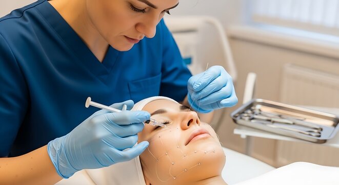 Medical aesthetician performs facial thread lift procedure on female patient in clinic