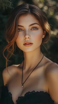 A young woman with long brown hair and blue eyes looking off to the side. She has a gentle smile and is illuminated by sunlight.