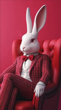 A rabbit wearing a stylish red suit and bow tie, sitting on a throne-like chair against a vibrant red background.