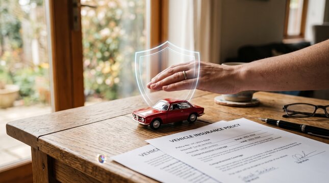 Hand hovering over car model with holographic protection shield for auto insurance