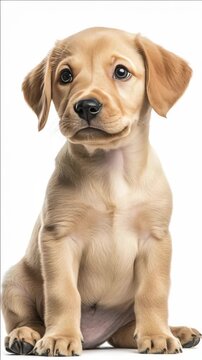 Adorable golden puppy with sad eyes looking forward against white background.